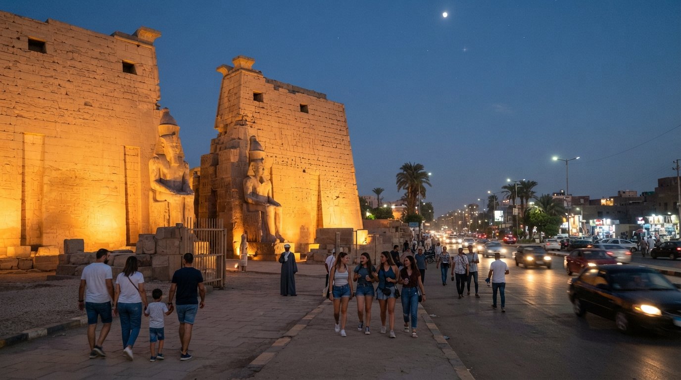 Luxor-templet ved skumring i downtown Luxor, de kolossale Ramses-statuer glødende under projektører med Corniche-trafikken lige udenfor