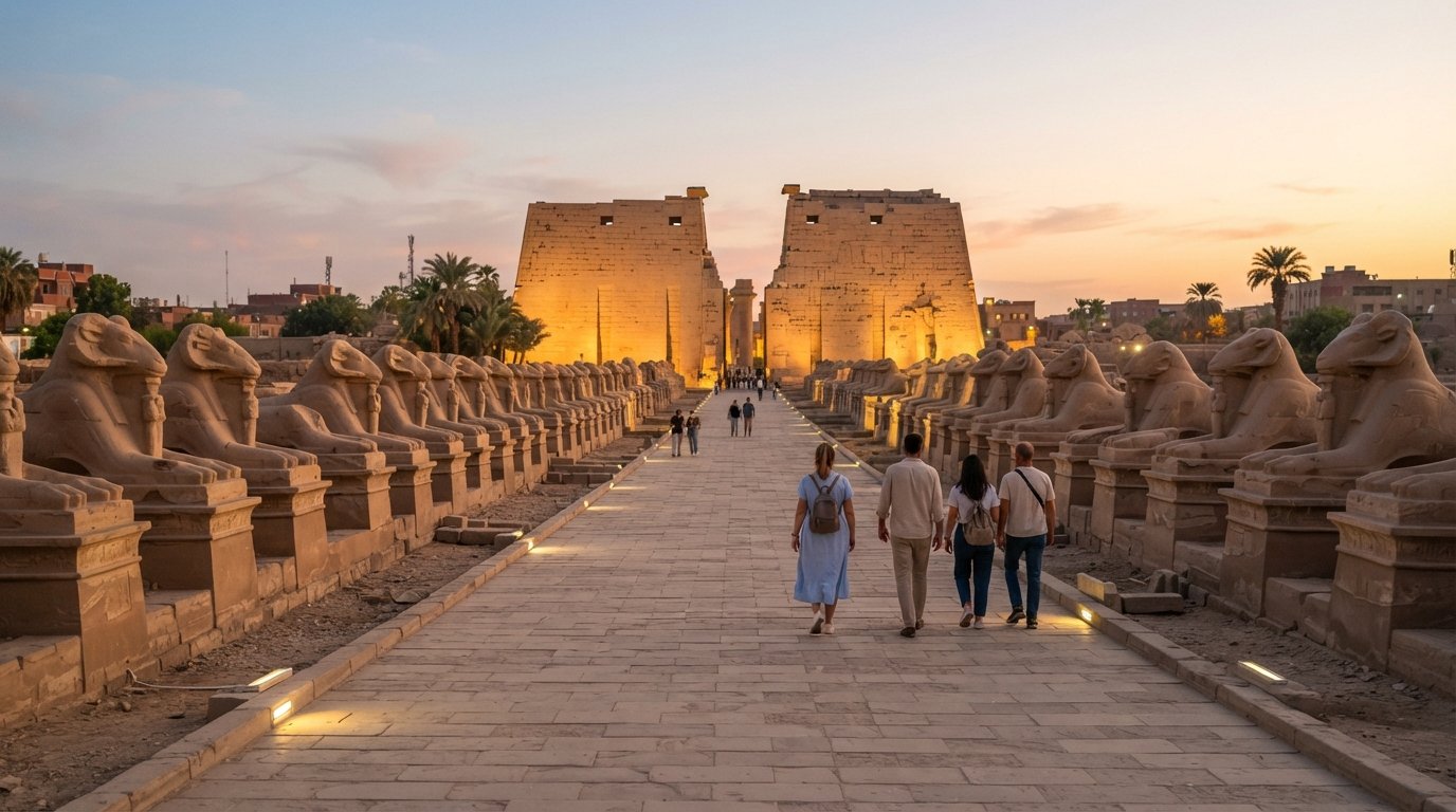 Sfinksenes Allé i Luxor i den gyldne time, rækker af vædder- og menneskehovede sfinkser strækker sig langs den restaurerede ceremoni Vej