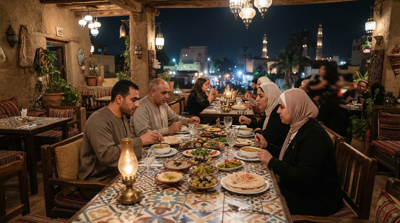 Sofra Restaurant & Café i Luxor, et lampeoplyst tagterrasseværelse i et restaureret 1930'er-hus med flisebelagte borde og mezze på bordet