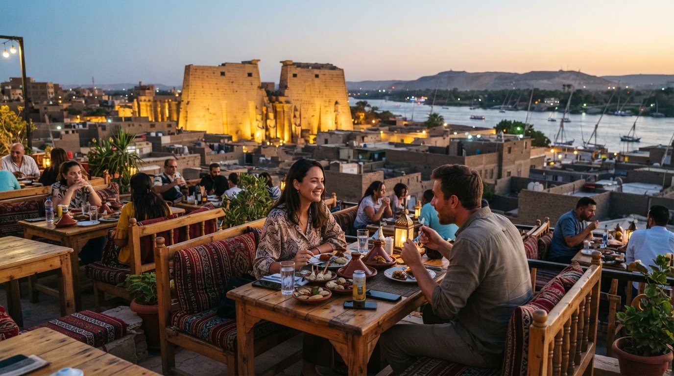 en tagterrassemiddag hos Al-Sahaby Lane i Luxor ved solnedgang, med Luxor-templet oplyst i baggrunden og Nilen derudover