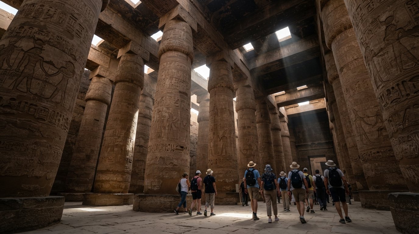 Den Store Hypostyle Hal ved Karnak-templet i Luxor, tårnhøje 134 søjler set fra en lav vinkel med lysstråler og skygger