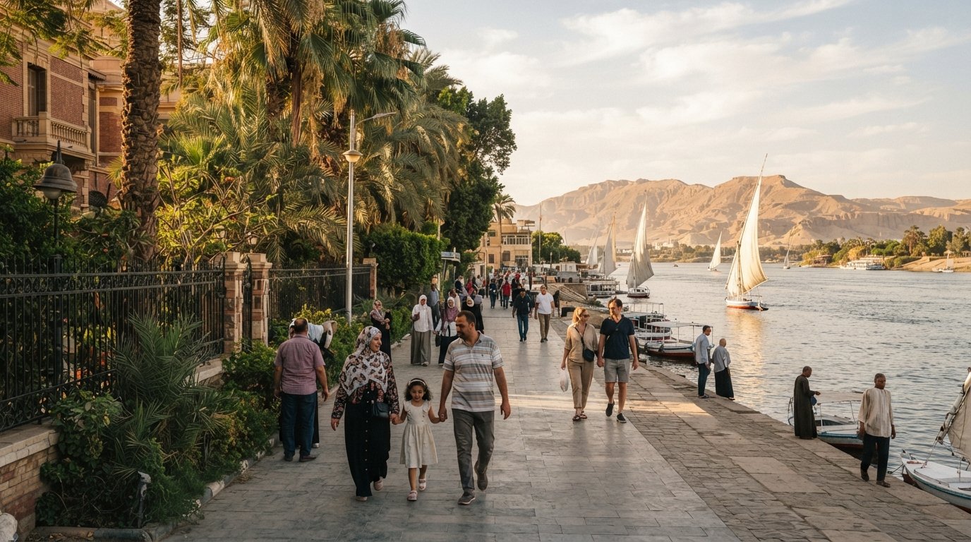 Khaled Ibn El-Walid Street in El-Awamya at late afternoon, five-star hotel gardens and palm trees lining the calm Nile frontage with the river glinting beyond