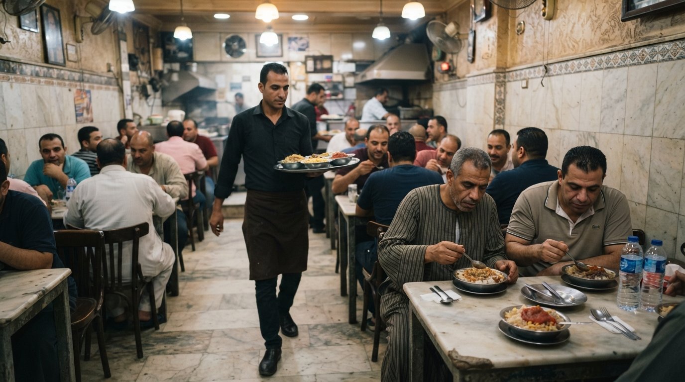 the upstairs marble-lined dining room at El Zaeem on Television Street and Al Manshiya, with bowls of koshari carried to tables under bright local lights