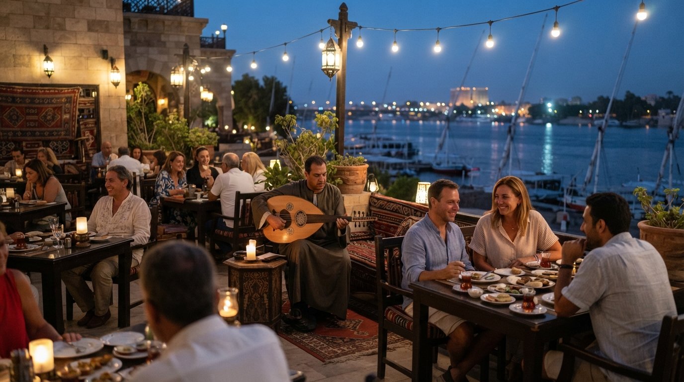 the courtyard at El Tarboush inside the Steigenberger Nile Palace, live oud music at dinner tables under warm lights with the Nile atmosphere just beyond
