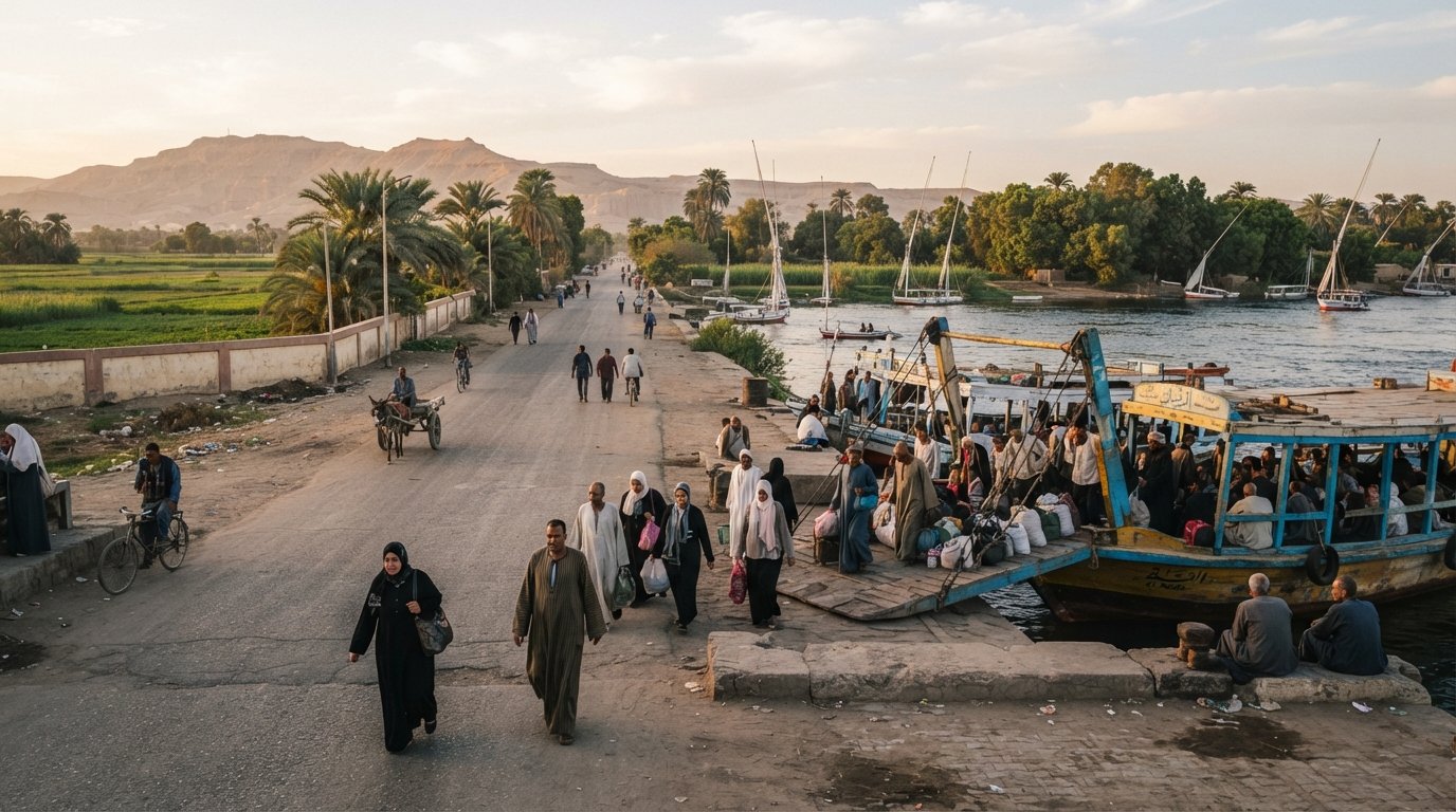 l'approdo del traghetto pubblico ad Al-Gezira sulla West Bank, con il fiume, qualche passeggero in attesa e la strada diritta che porta verso l'interno tra i campi