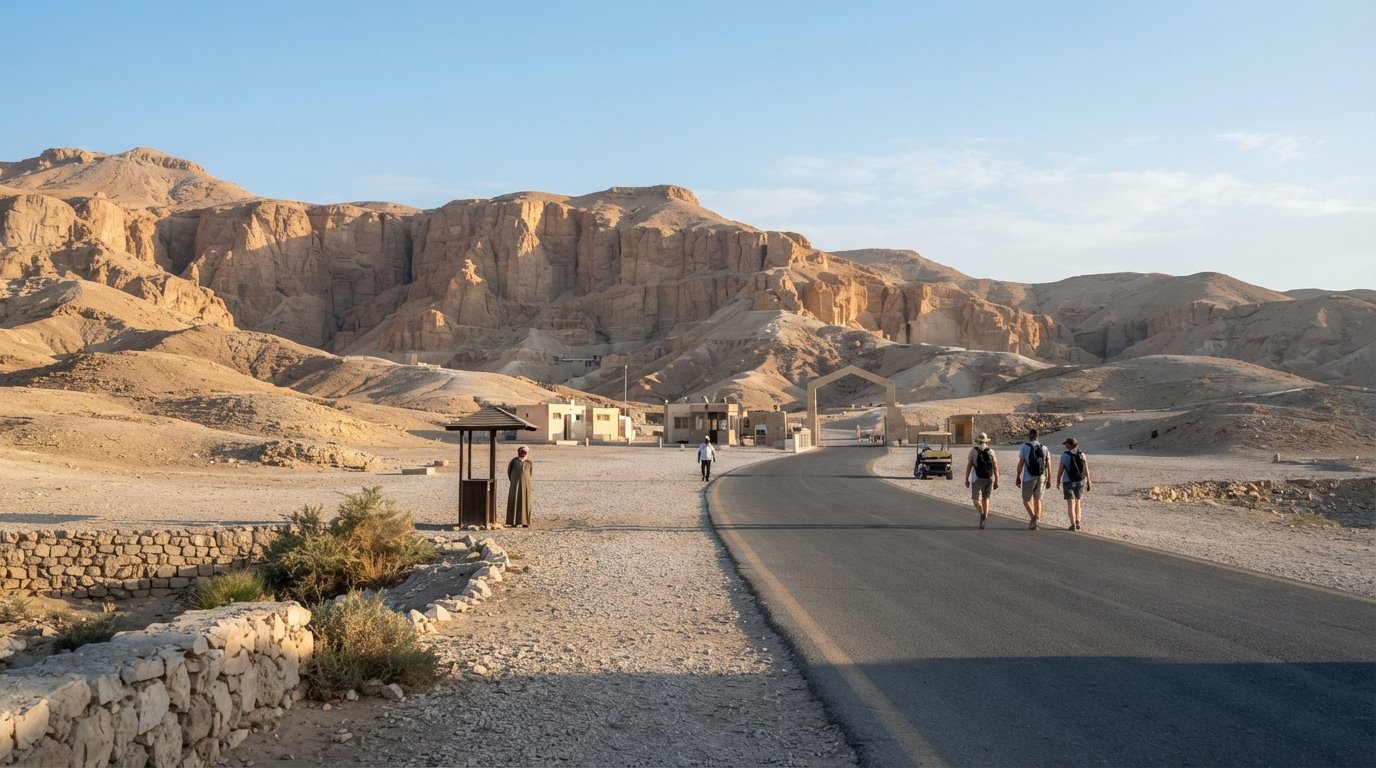 la strada d'ingresso della Valle dei Re nella luce del mattino presto, con colline desertiche che si alzano oltre e la sensazione di un sito che apre prima dell'arrivo della folla