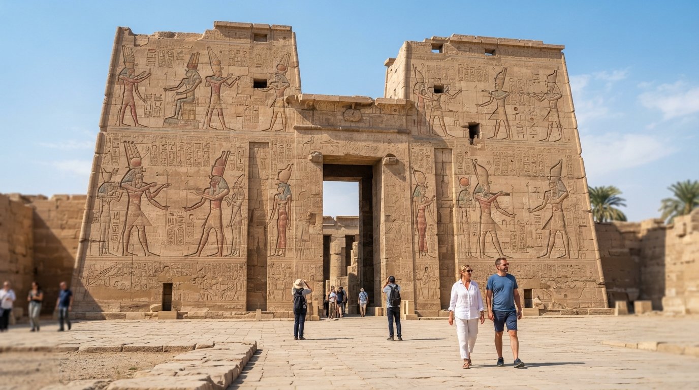 i massicci piloni di Medinet Habu e i rilievi dipinti superstiti nel sole cocente del deserto, con colore ancora visibile sulle pareti di pietra