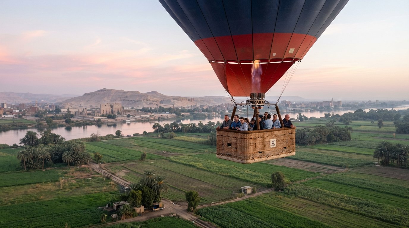 una mongolfiera all'alba di Sindbad Balloons che si alza sopra i campi della West Bank, con il Nilo e il paesaggio del tempio sotto un cielo rosa pallido