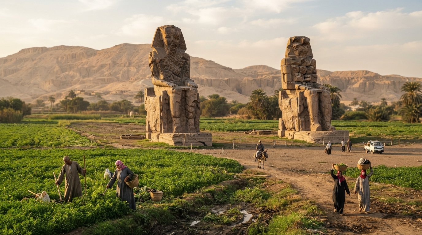 the Colossi of Memnon standing in open farmland at the edge of El-Bairat, two seated quartzite pharaohs framed by flat fields and the Theban hills in late-afternoon light