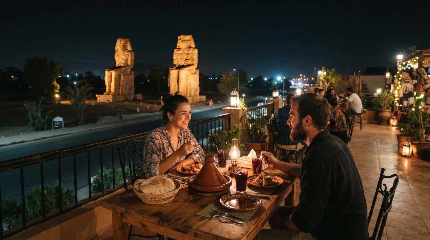 the terrace at Memnon Guesthouse, Restaurant & Cafe at night, floodlit Colossi of Memnon glowing across the road beyond a dinner table with tagine, bread and juice glasses