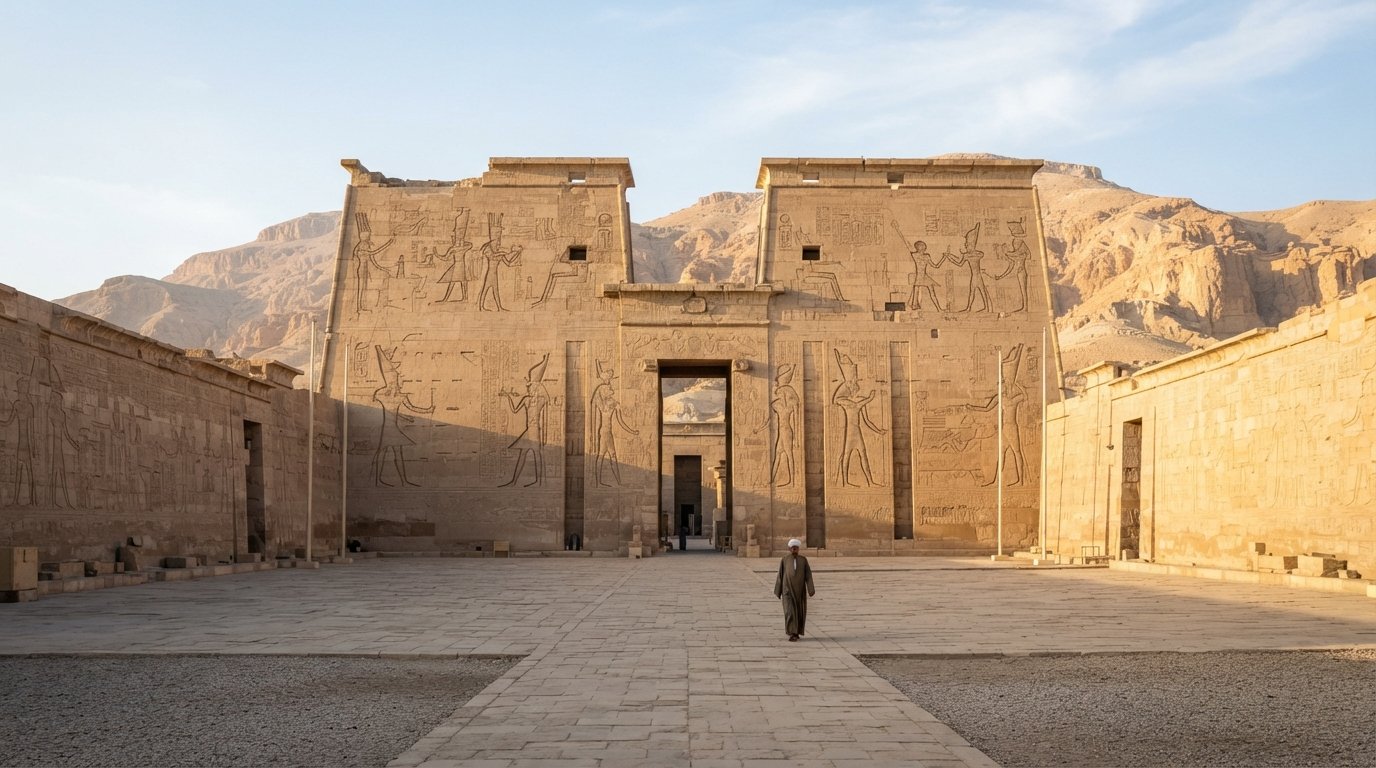 Medinet Habu’s massive pylon and carved sandstone walls at opening time, empty forecourt and the Theban hills rising behind in sharp morning light