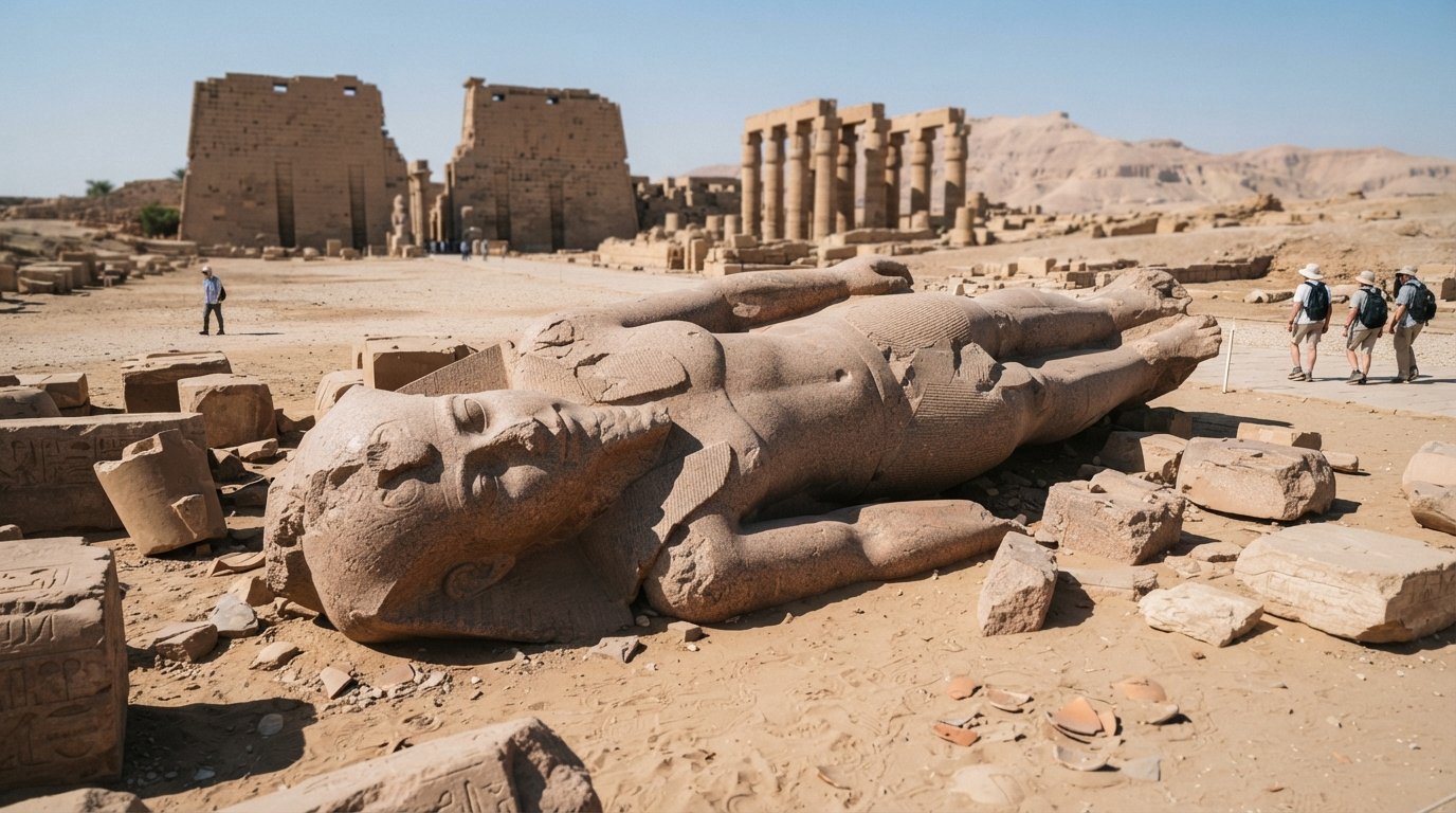 the fallen colossal statue at the Ramesseum lying broken in the sand, fragments and stone blocks under bright desert sun with almost no visitors