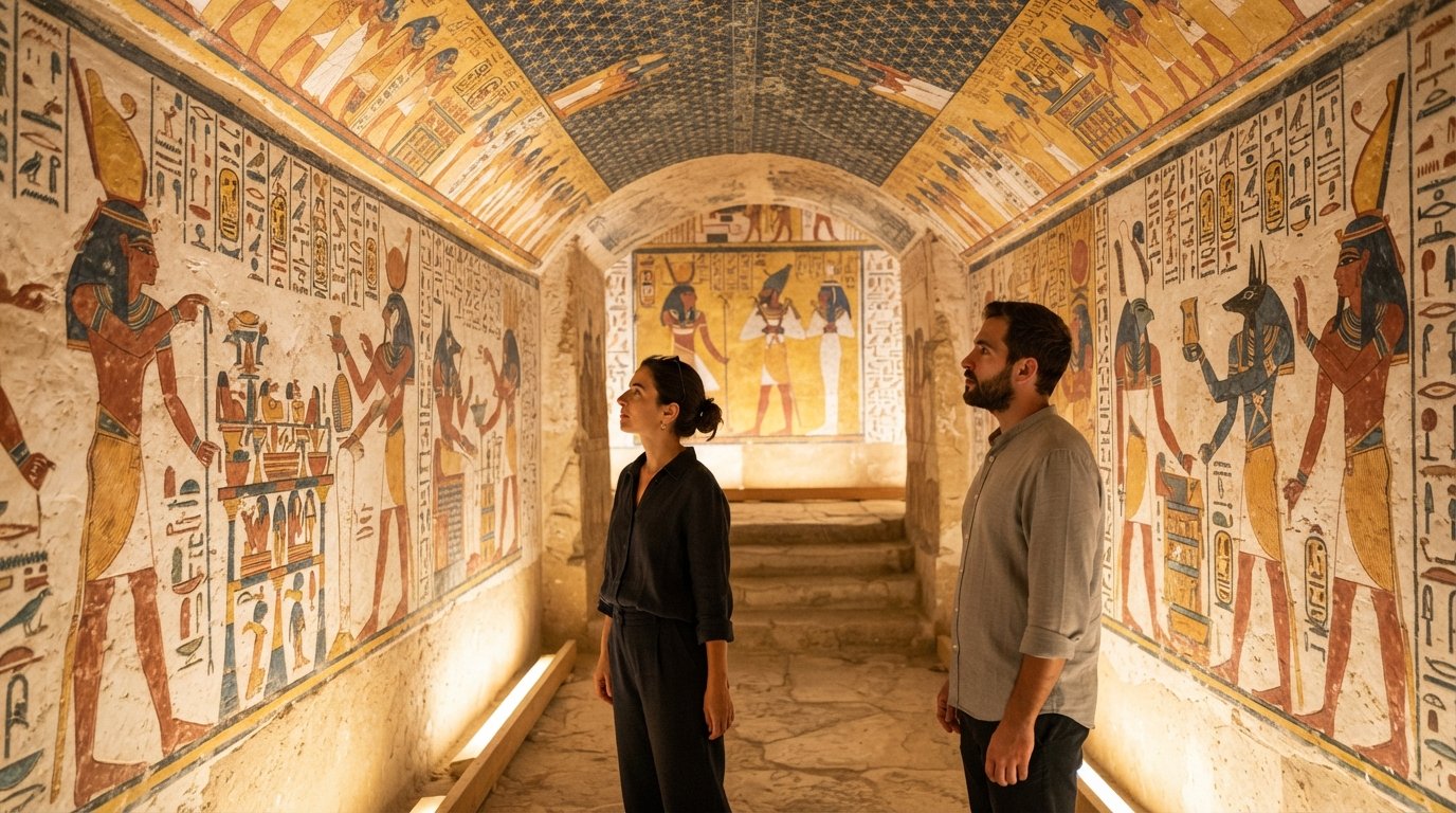 the painted interior of Sennedjem’s tomb at Deir el-Medina, vivid wall scenes glowing under soft electric light with figures and hieroglyphs intact