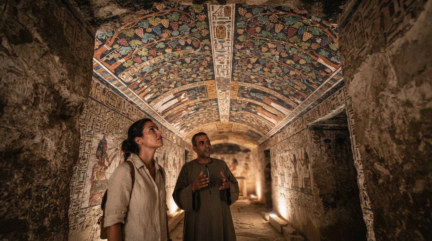 the painted ceiling of the Tomb of Sennefer with hanging grapevines above a narrow rock-cut chamber, lit by a soft torch-like glow