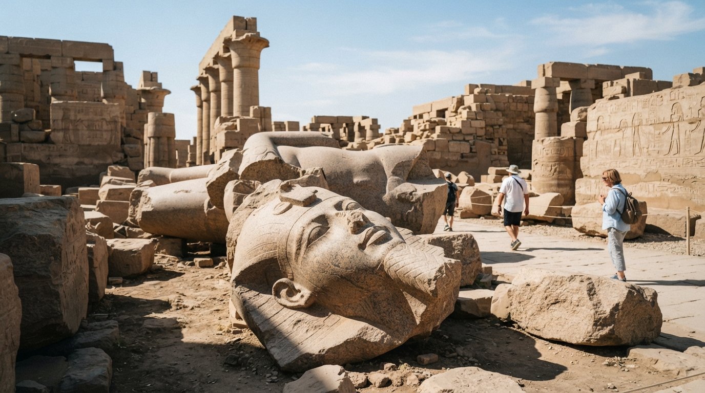 the shattered colossus at the Ramesseum lying in broken pieces in the temple court, late-morning sun throwing hard shadows across the stone