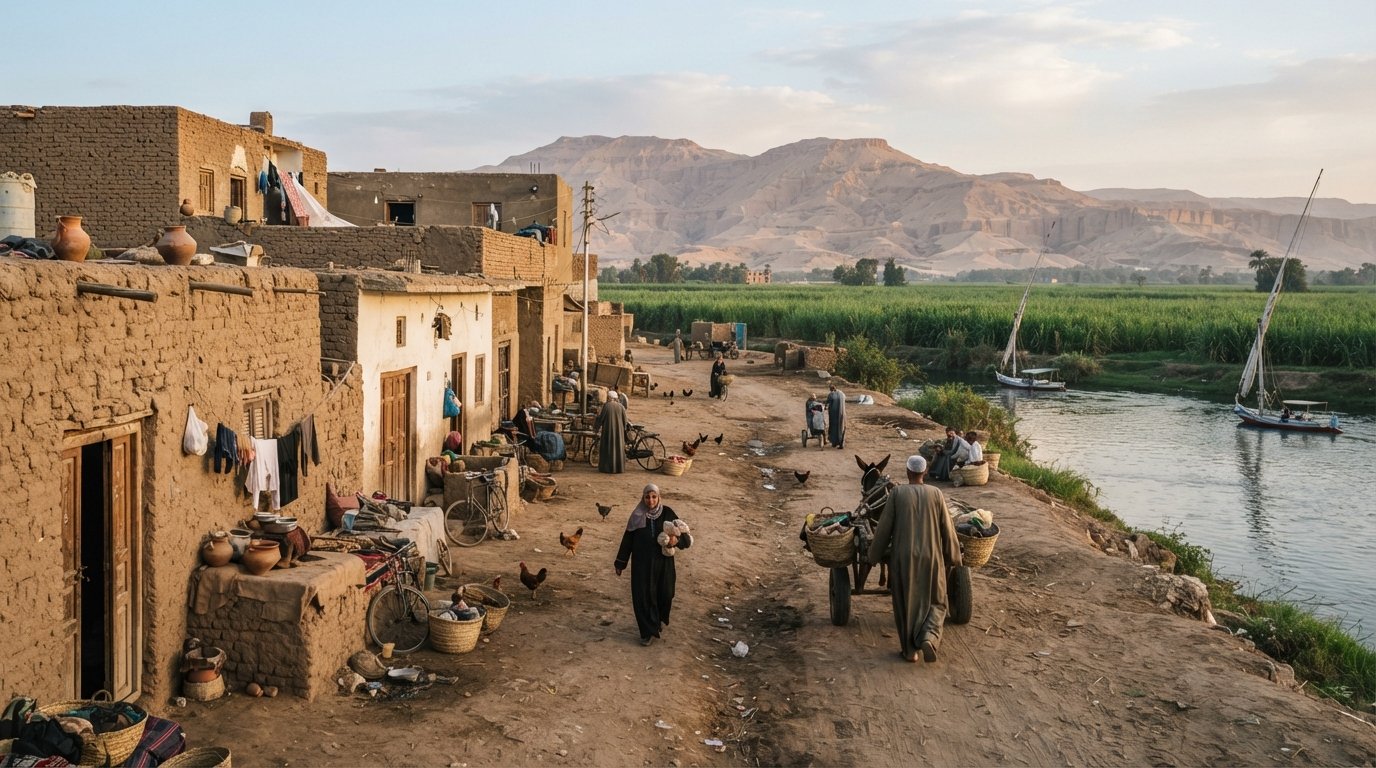 mudbrick homes and flat-roofed guesthouses along Ramlah’s unsurfaced Nile-side lane, with sugarcane fields and the Theban mountains beyond at early morning light
