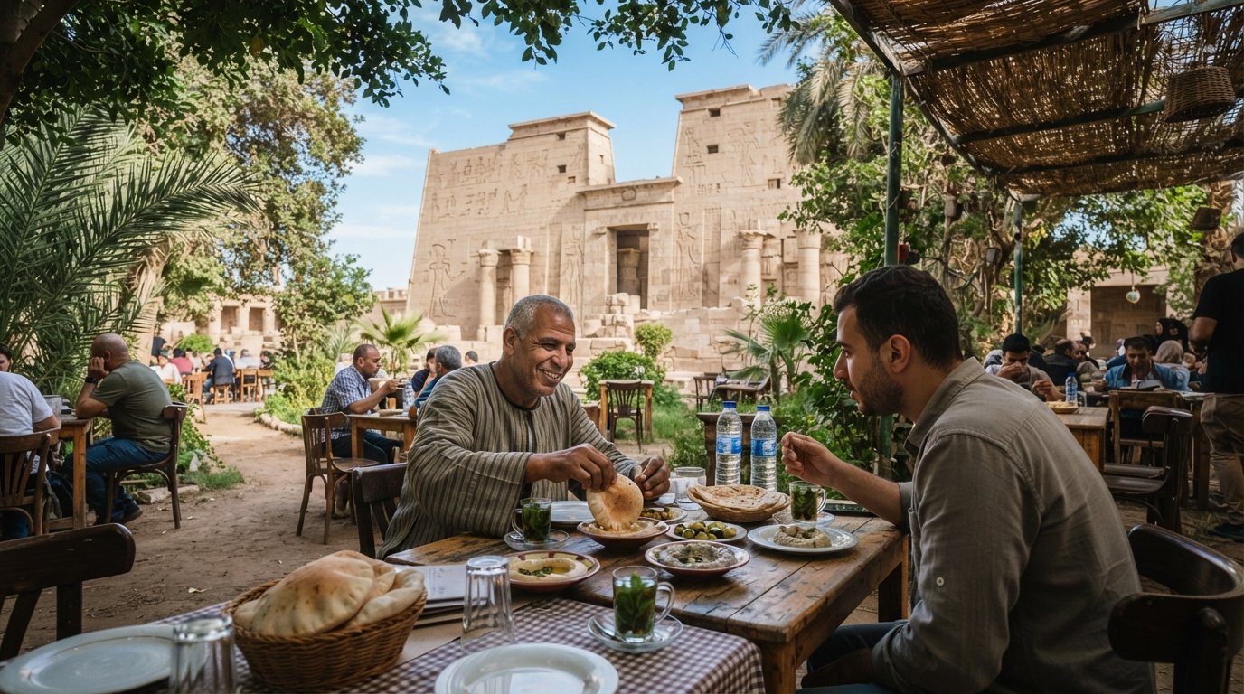 Café & Restaurant Maratonga’s garden tables opposite Medinet Habu, with fresh bread, leafy shade and the temple façade in the background