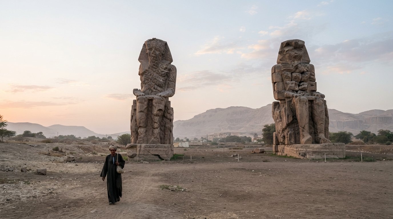 the Colossi of Memnon at first light, two massive quartzite statues rising from the West Bank plain with pale dawn sky and no crowds