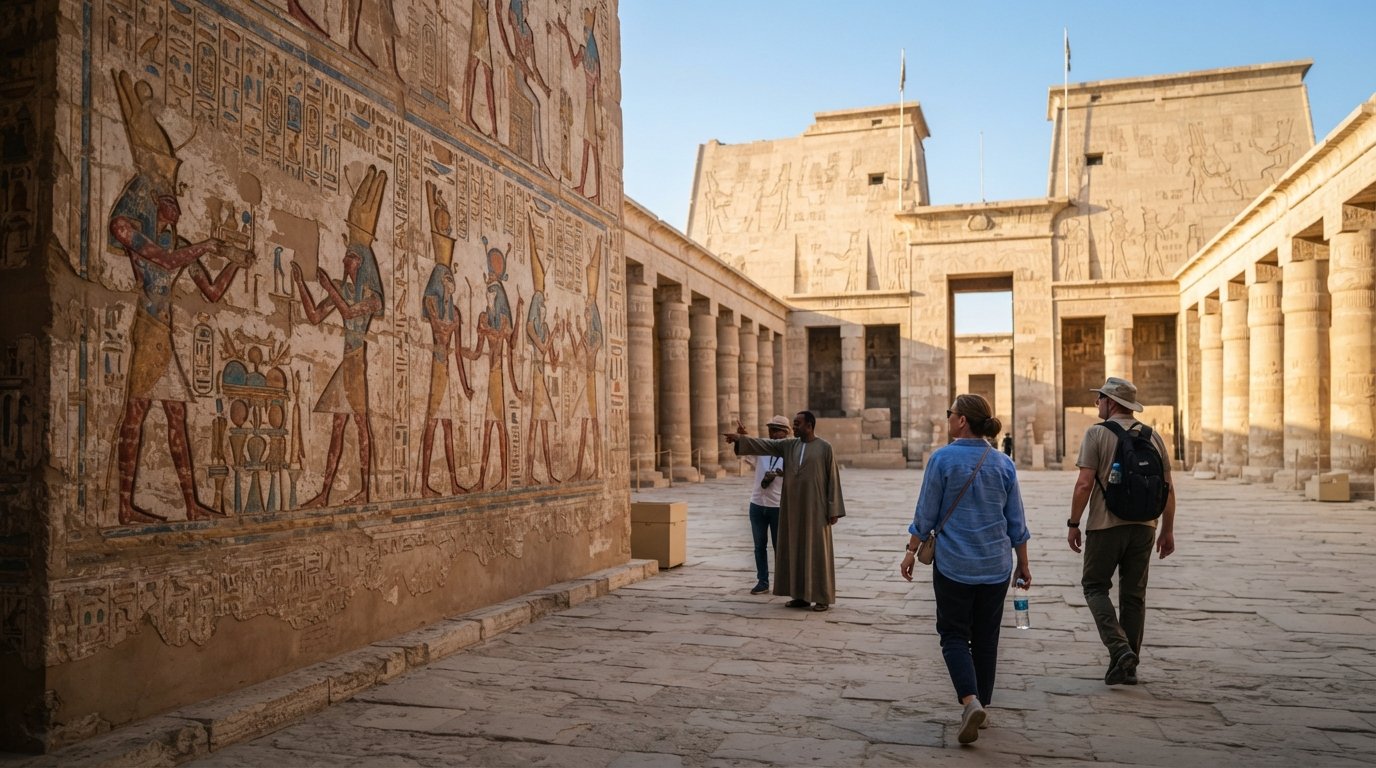 Medinet Habu’s painted reliefs in warm side light, showing vivid colours on the temple wall with the massive entrance pylons behind